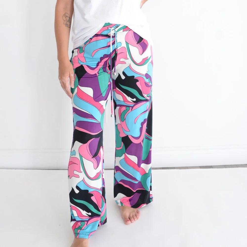 Beach Break Multi Colour Allover Print Elastic Waist Straight Leg Lounge Pant M